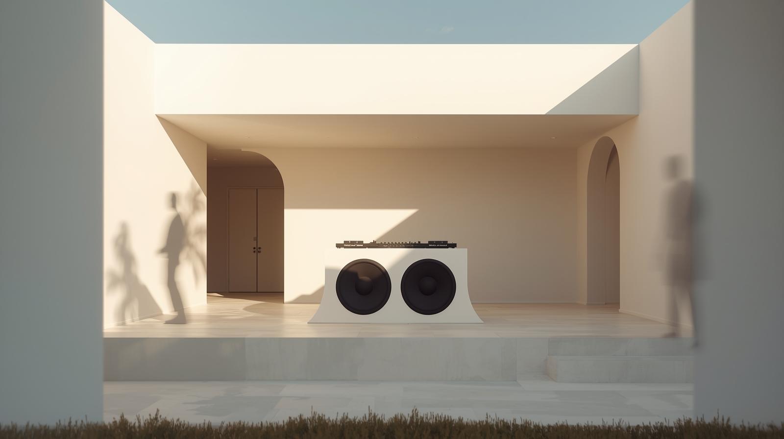 A minimalist and clean photography style captures a DJ booth with large, round speakers, positioned within a deconstructed villa during the daytime. The composition is simple with ample negativ (1)